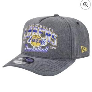 Lakers New Era Charcoal Throwback Washed Pre-Curved 9FIFTY Snapback hat.